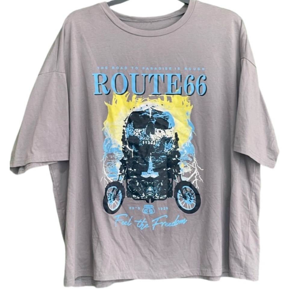 SHEIN Oversized Size Large Route 66 Grey Moto T-Shirt Biker